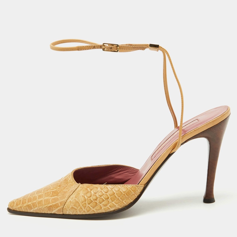 Colin‎ Stuart Tan Croc Embossed Leather Pointed Toe Ankle Wrap Heels Size 8